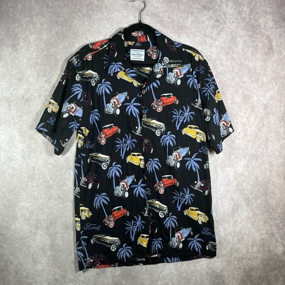 David Carey Shirt Mens‎ Medium Black Car Palm Tree Button Up Novelty Vacation - Picture 1 of 9